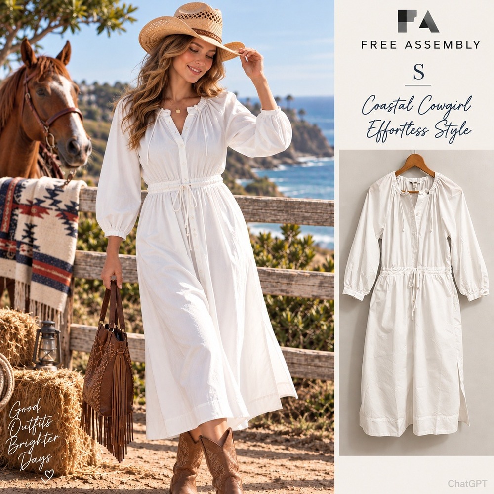 NEW Free Assembly Maxi Dress Womens S White Poplin Coastal Cowgirl Boho Scandi